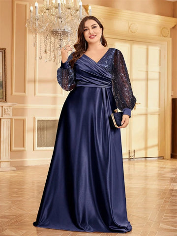 Women's 2-4XL Fashion Designer Sequin Evening Long Dresses (Plus Size)-Women's Fashion Designer Plus Size Dresses-Navy Blue-Women's fashion designer plus size clothes